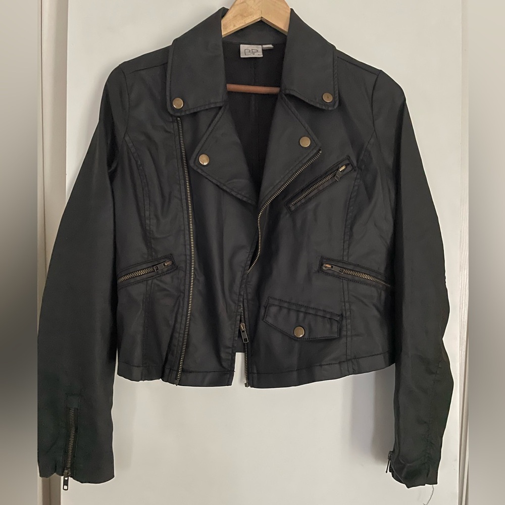 BP Coated Cotton Blend Cropped Moto Biker Jacket Black Unlined Lightweight